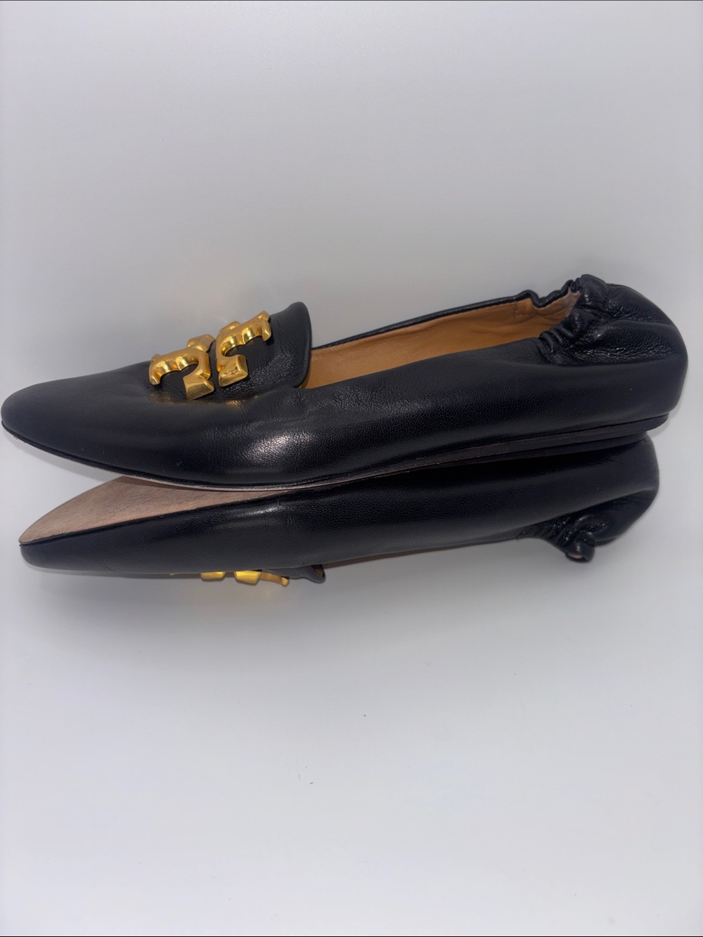 Tory Burch Black Leather Slip-On Loafers with Gold Logo - Picture 12 of 12